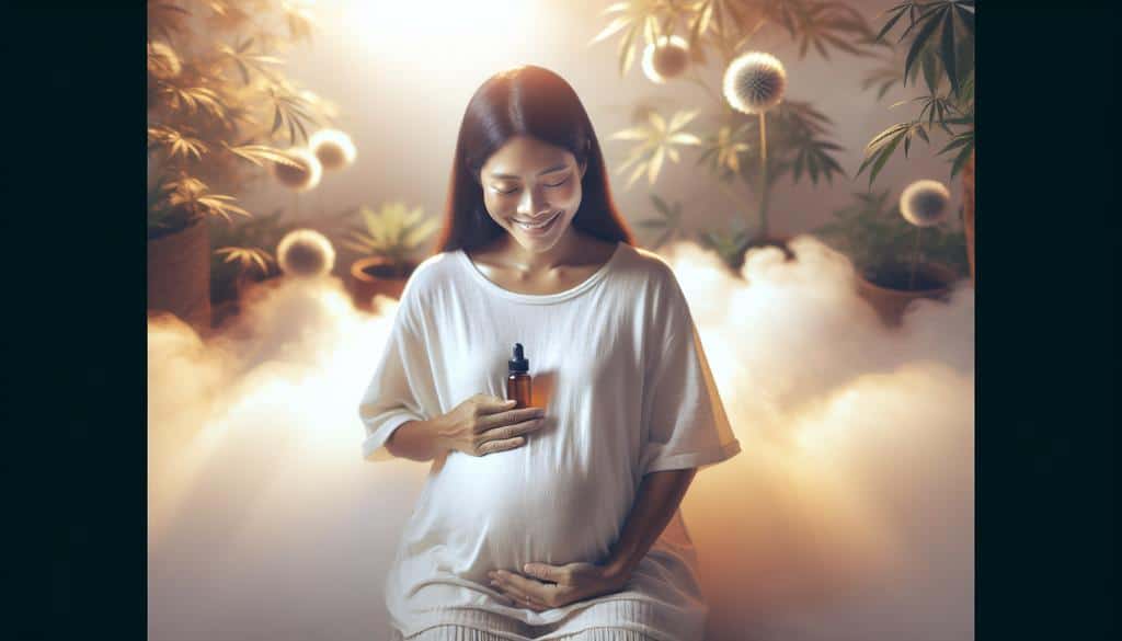 "Gestion de la Douleur pendant la Grossesse : Le CBD comme Solution Naturelle - Image en Vedette : Femme enceinte souriante tenant une bouteille de CBD. Découvrez comment le CBD peut soulager naturellement la douleur pendant la grossesse et être un allié sûr pour cette période spéciale."