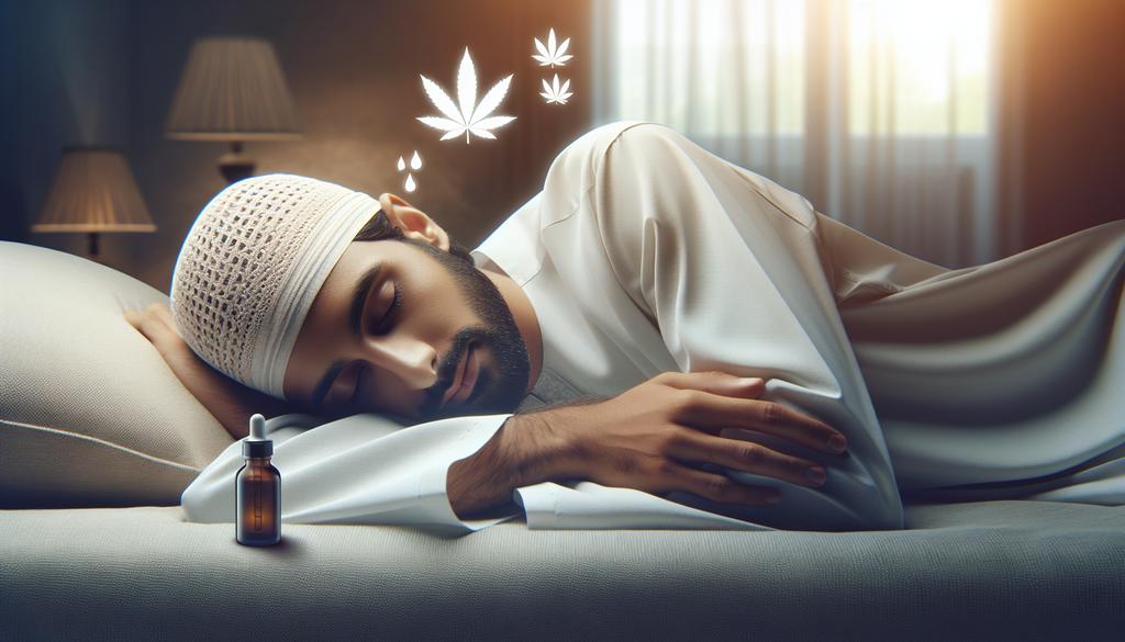 Image d'une personne endormie paisiblement avec une bouteille de CBD à côté d'elle, symbolisant une solution naturelle pour l'apnée du sommeil.