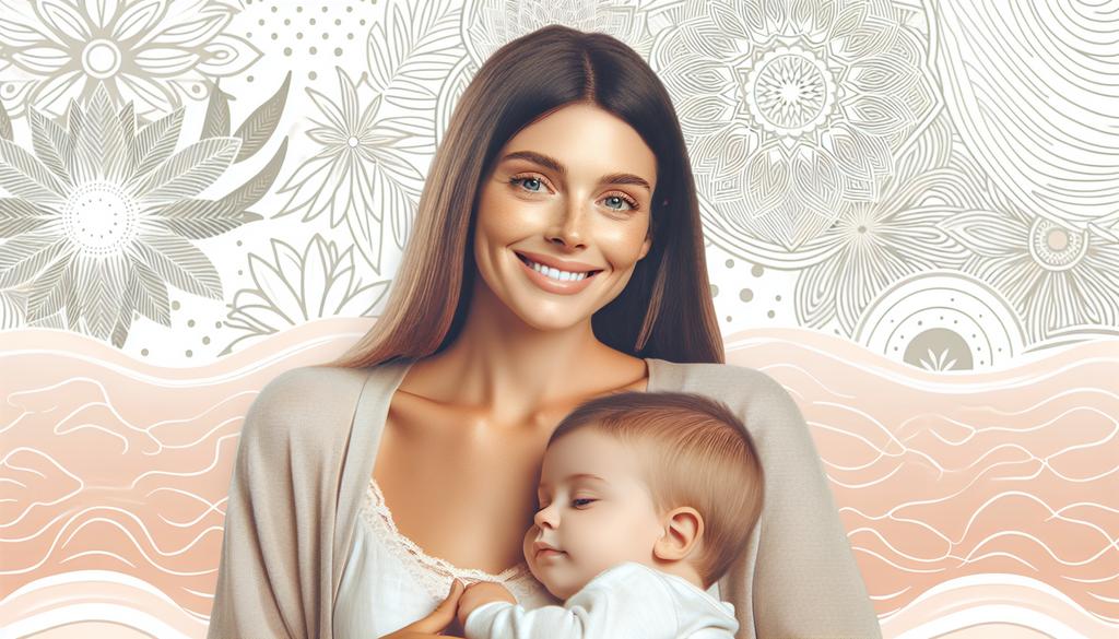 Femme souriante tenant un flacon de CBD avec un bébé endormi sur son épaule, symboles de bien-être et de soulagement de la dépression post-partum.