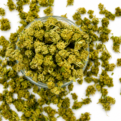 Gros plan sur les Small Bud Titan Kush CBD révélant leur texture et leur qualité premium