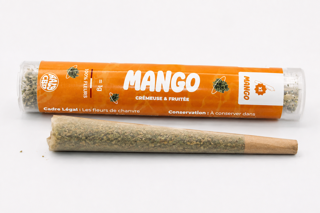Pré-roll Mango CBD accompagné de son étui orange