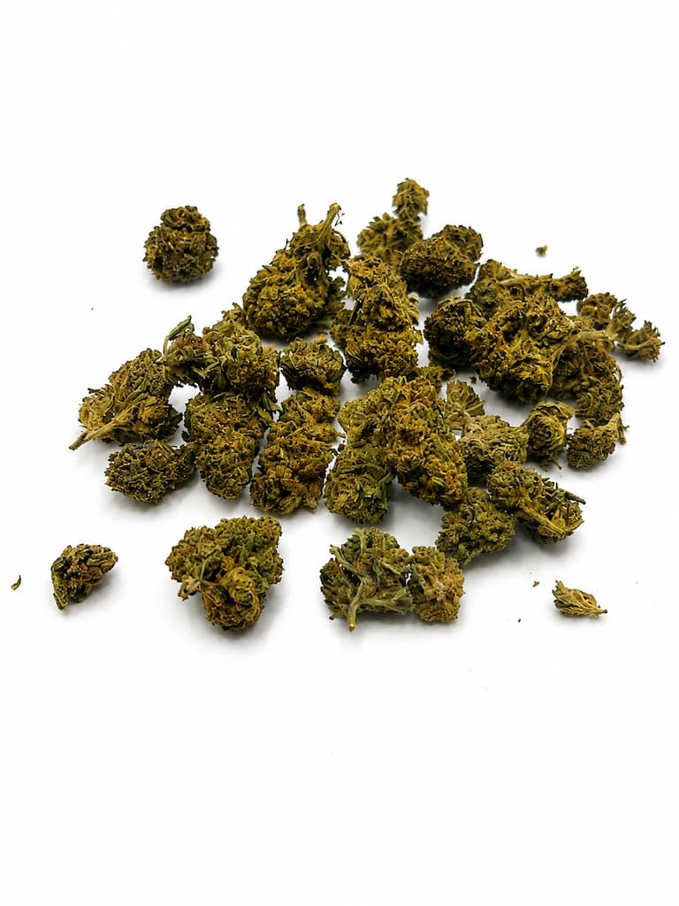 Têtes de fleurs Bubba Kush CBD Puissant sur fond blanc