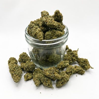 Fleurs CBD Malabar Indoor présentées dans un pot en verre