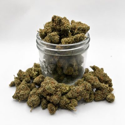 Pot en verre rempli de fleurs Orange Bud Cali CBD