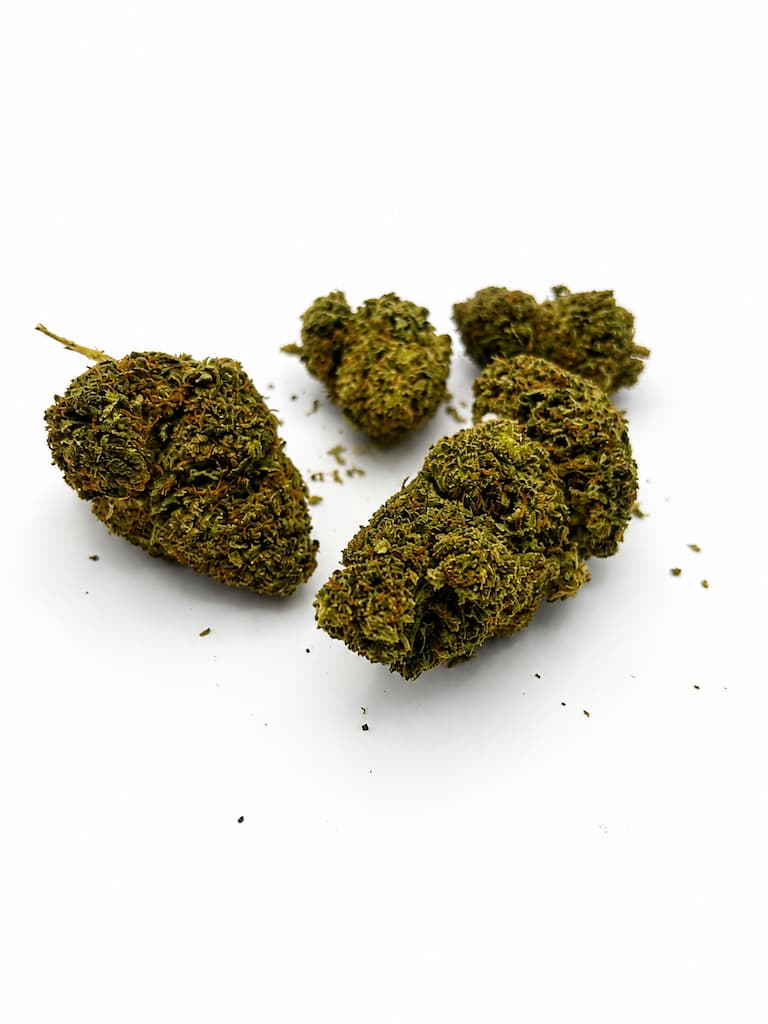 Cinq fleurs CBD Bubba Kush Premium présentées sur fond blanc